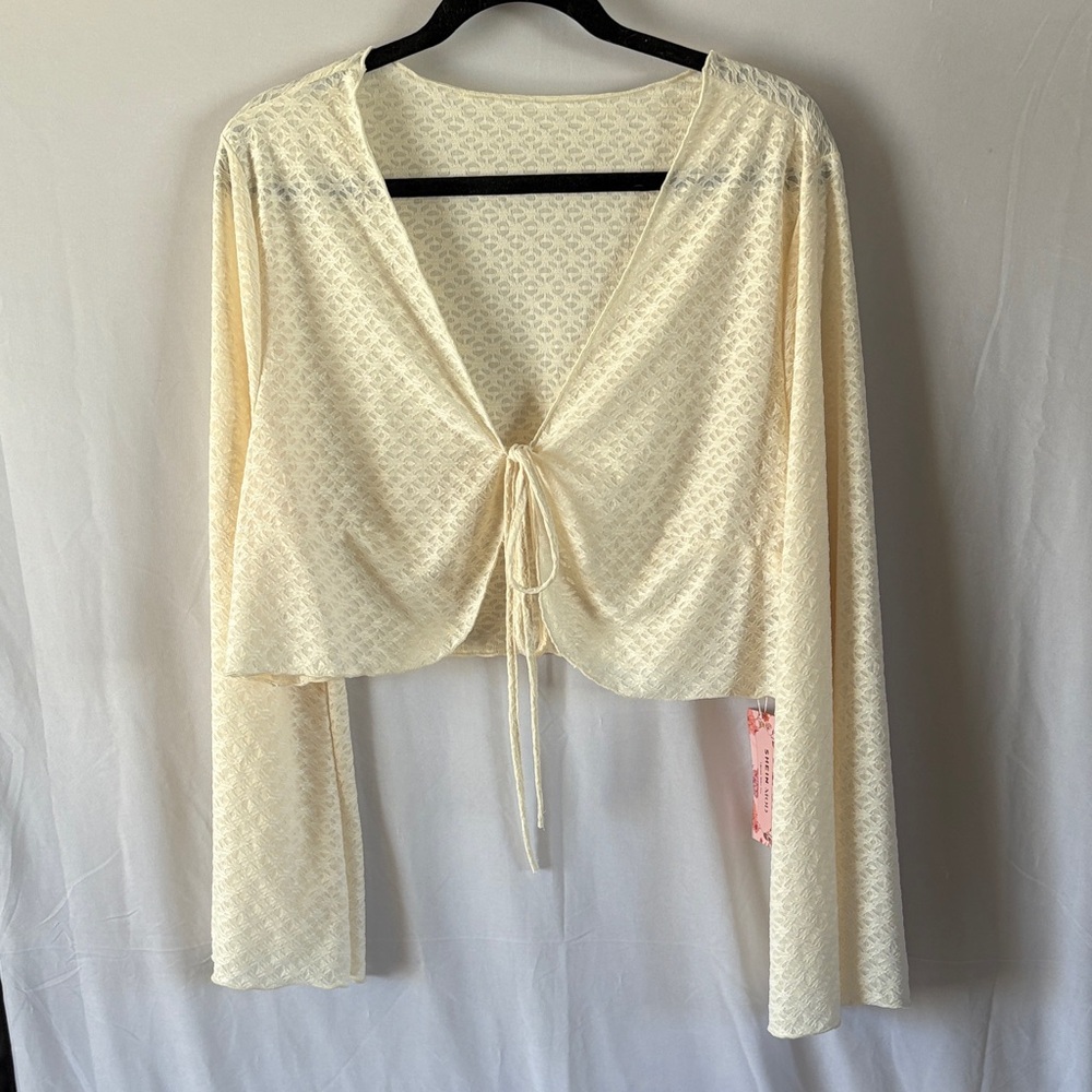 SHEIN Cream Lace Cropped Tie-Front Cardigan